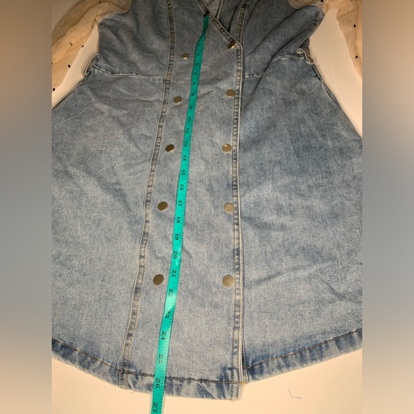 Denim Dress with Mesh See through Sleeves V neck Denim Dress - Picture 11 of 14